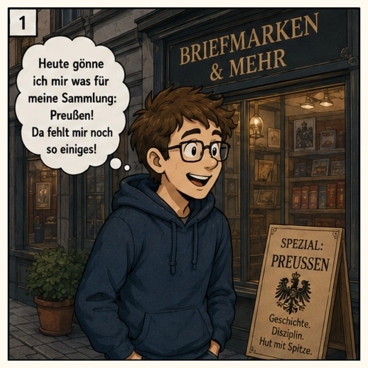 Preußenphilatelist erwirbt beim Fachhändler neue Briefmarken für seine Sammlung. - Bild 1