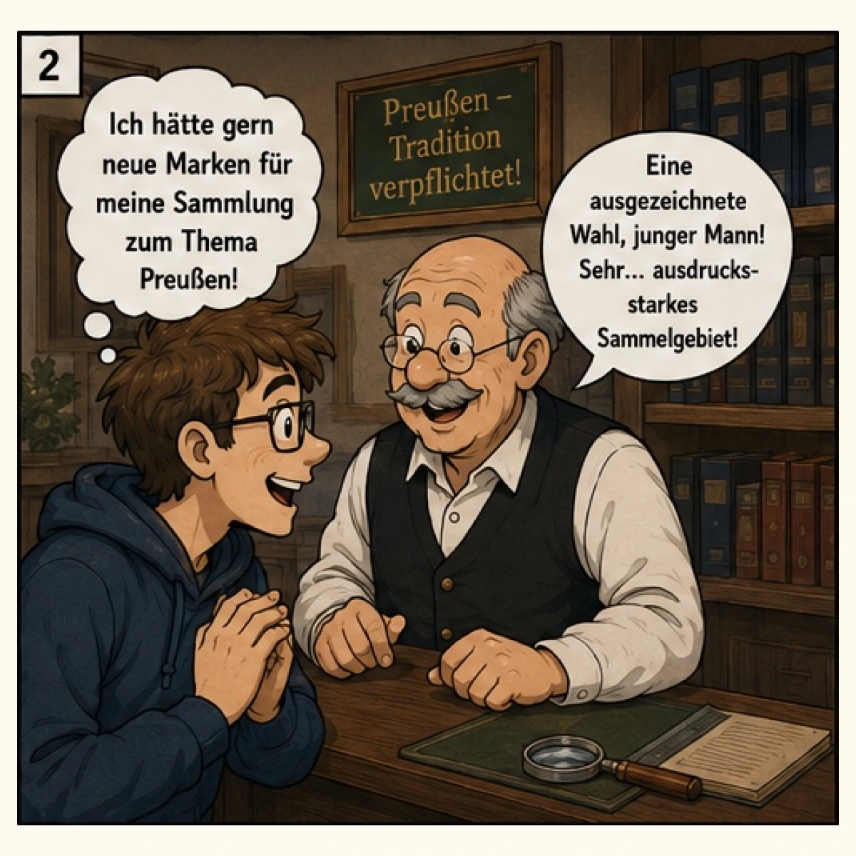 Preußenphilatelist erwirbt beim Fachhändler neue Briefmarken für seine Sammlung. - Bild 2